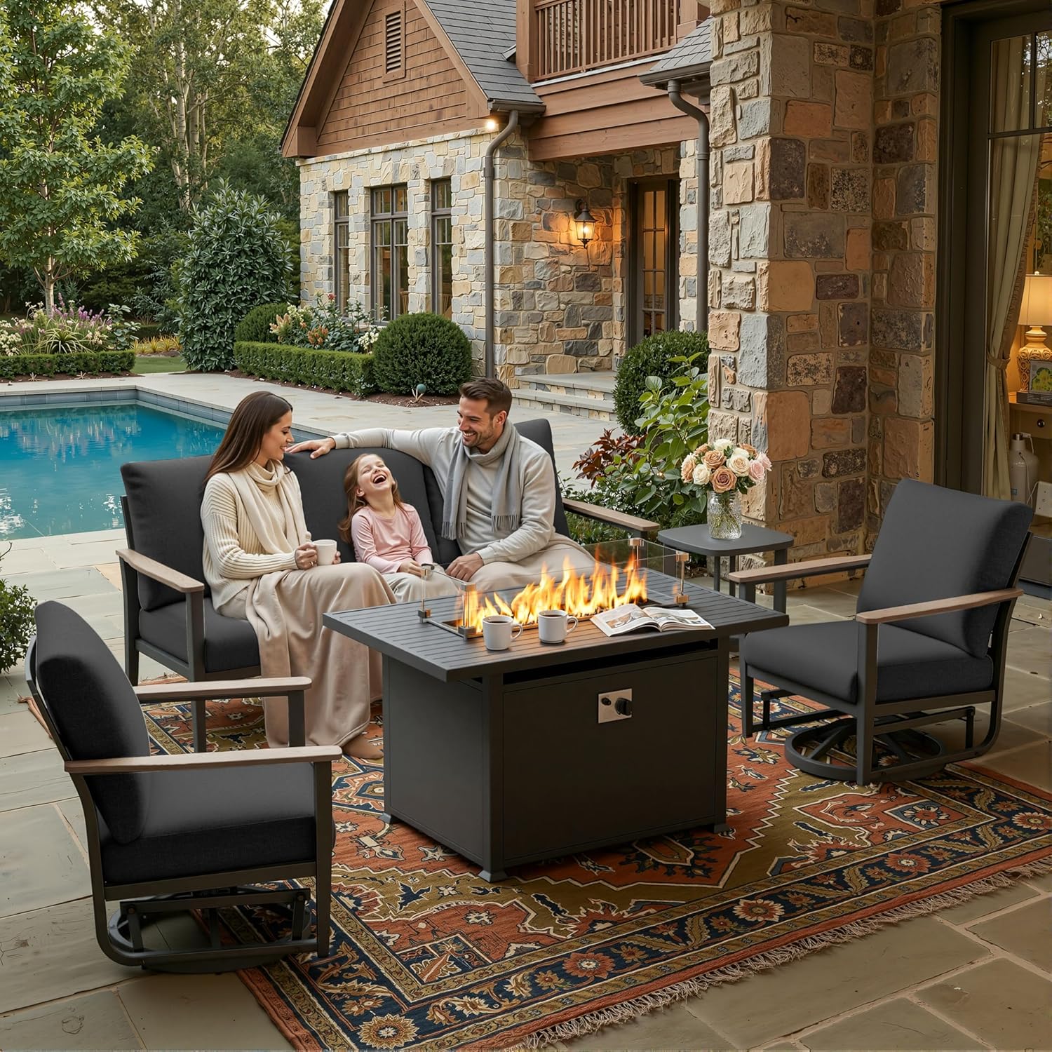 5pc Aluminum Patio Set Swivel  - Outdoor Furniture And Fire Pit reseña y precio