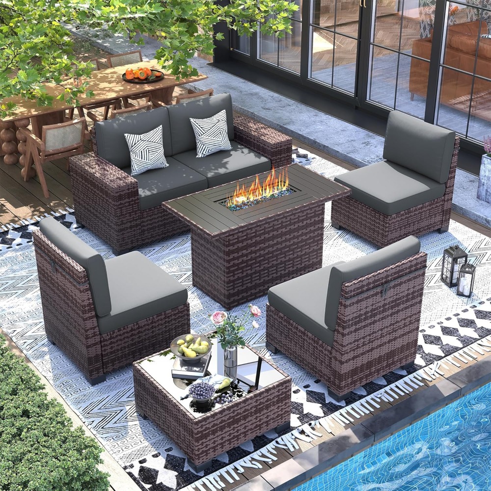 Sectional Sofa Set with Fire P - Outdoor Furniture And Fire Pit reseña y precio